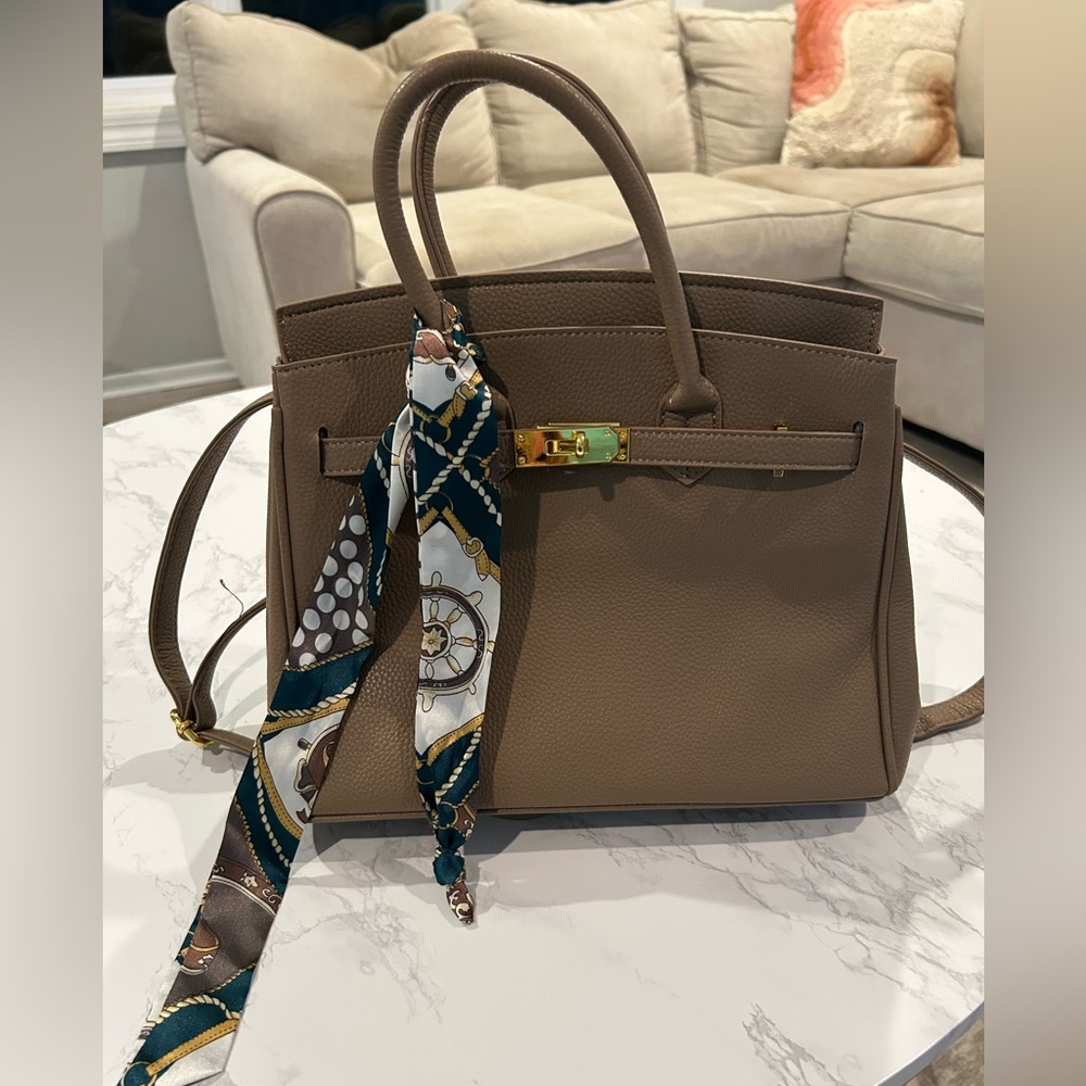 Elegant Taupe Leather Shoulder Bag with Scarf Accent